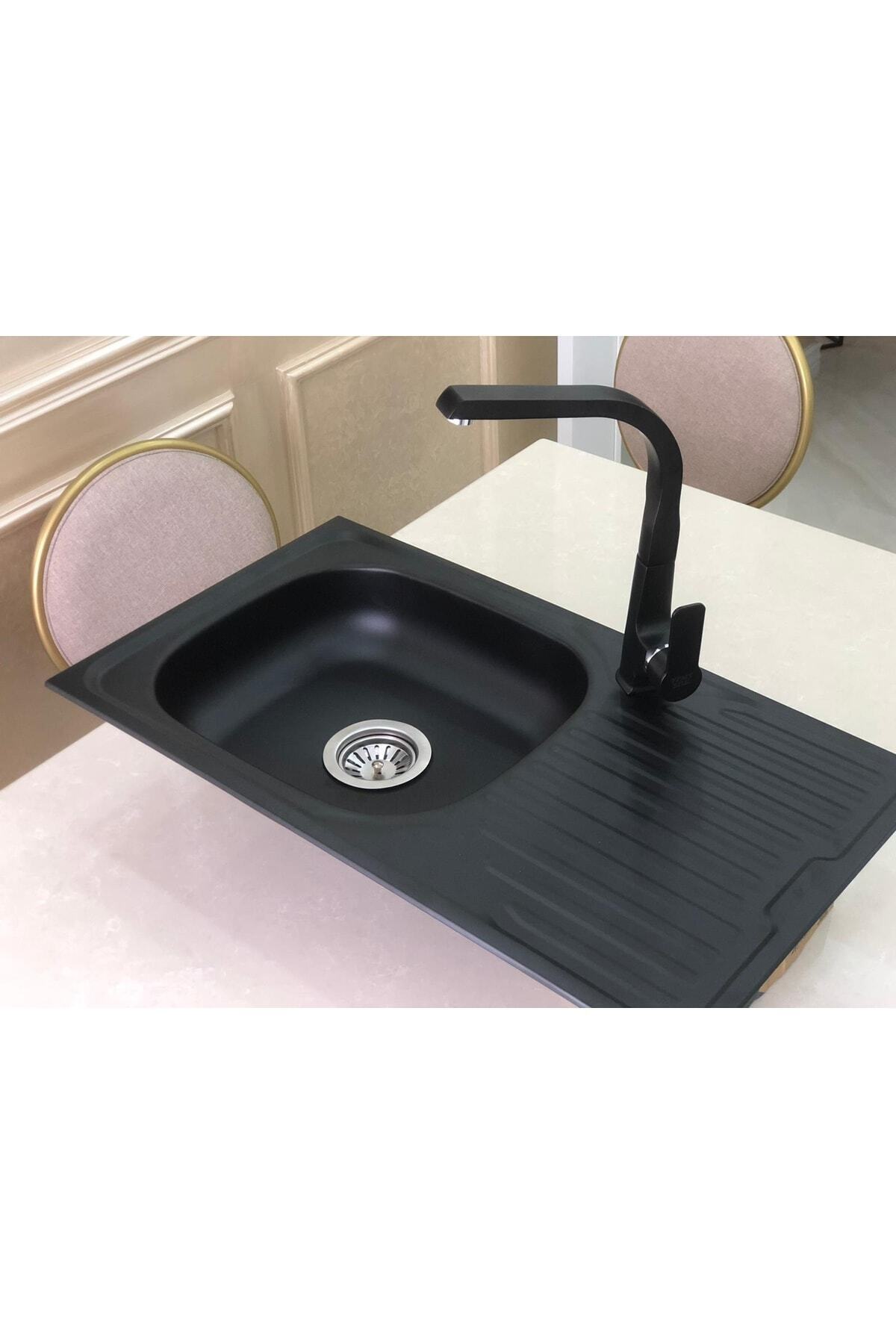 Siyah Grenli Granit Desen Kaplamalı Sağ Damlalıklı 43.5 X 76cm Ölçülerinde Paslanmaz Evye