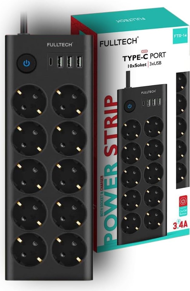 Type-C Port Girişli Akım Korumalı 10'lu Priz, 3 Usb, 1 Type-C Giriş, Isıya Dayanıklı, Ftr-14