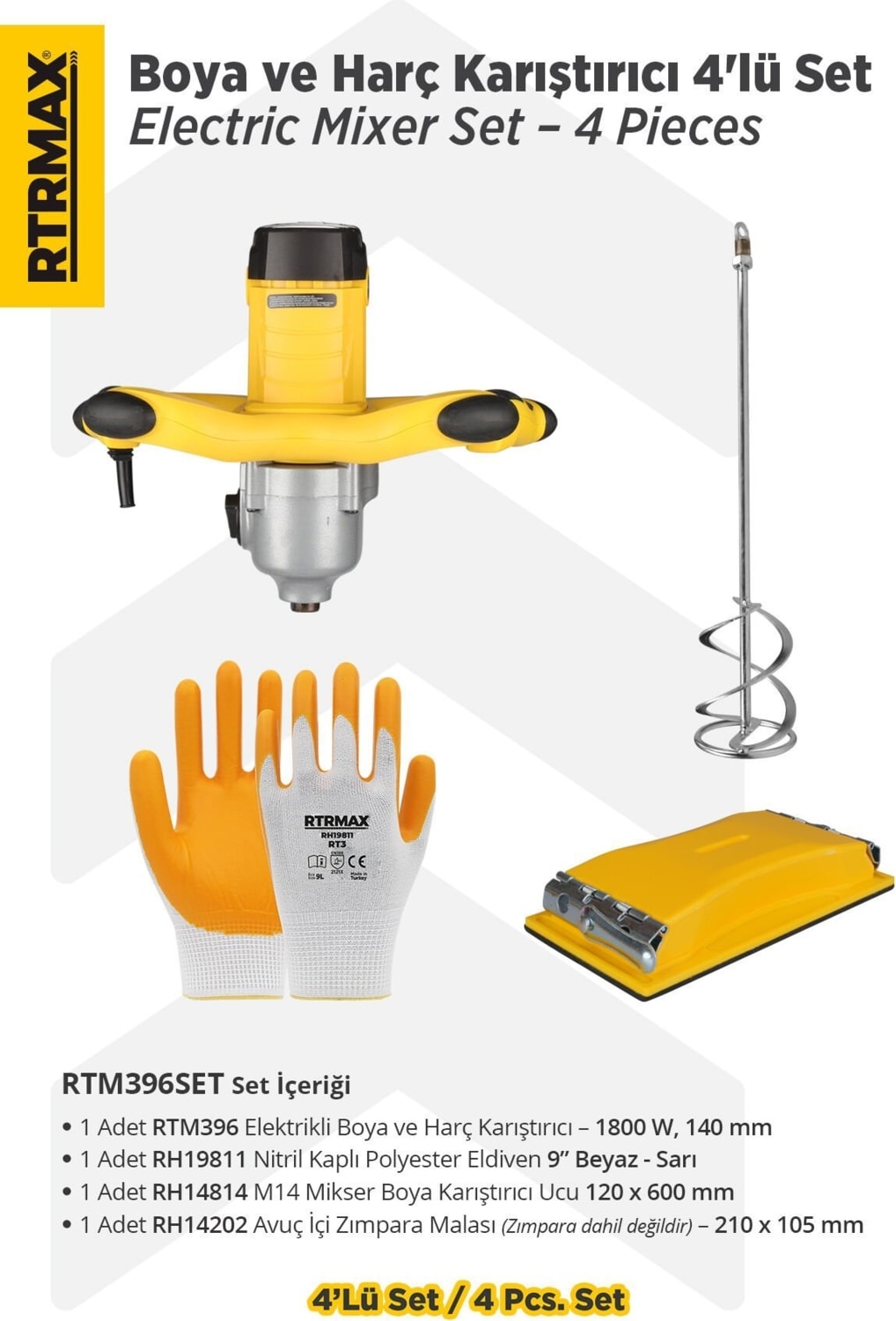 RTM396SET Elektrikli Boya ve Harç Karıştırıcı 4'lü Set -Eldiven-Boya Karıştırıcı Ucu-Zımpara Malası