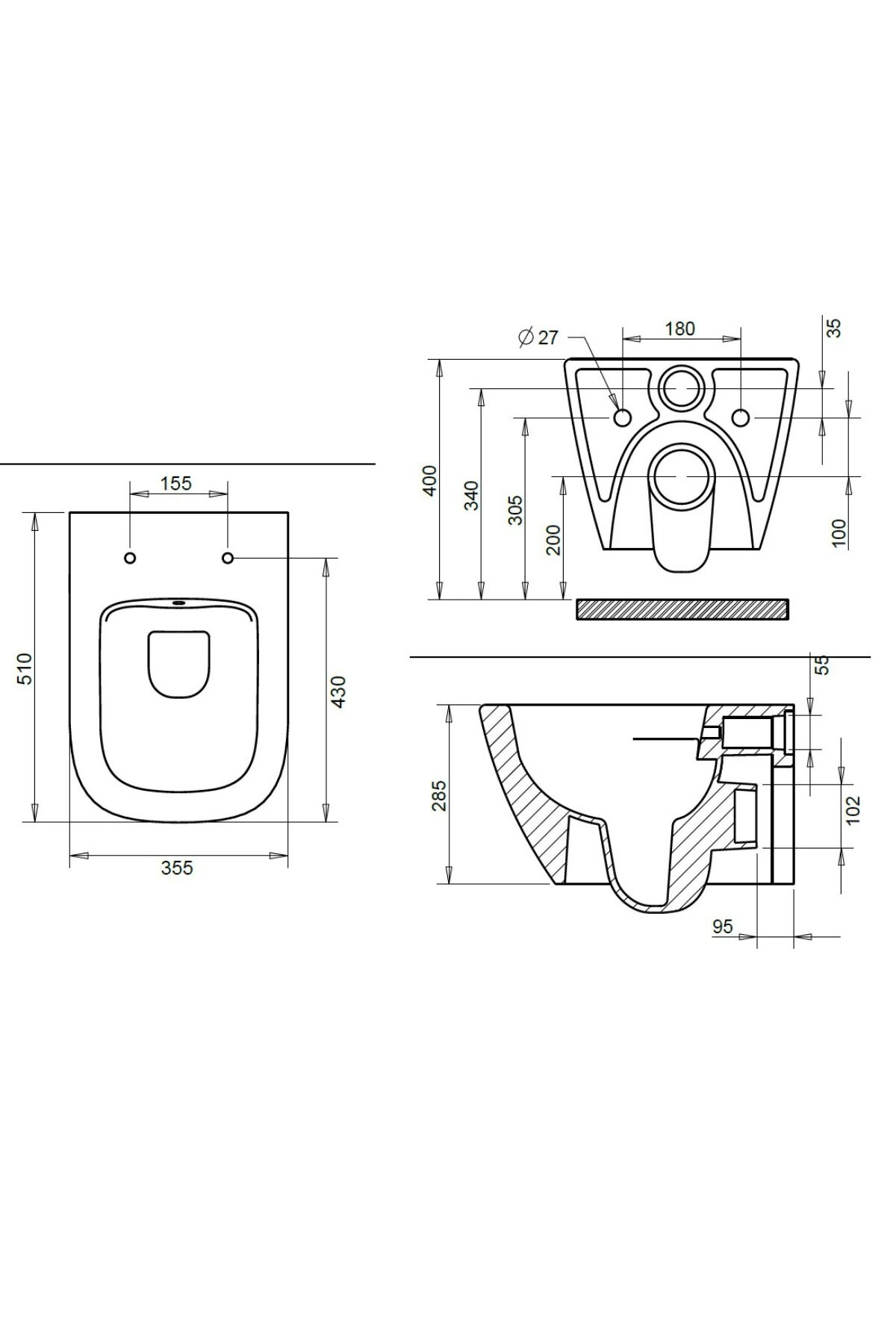 Luna Kanalsız Mat Siyah Asma Klozet LN5610S, Luna Mat Siyah Duroplast Yavaş Kapak
