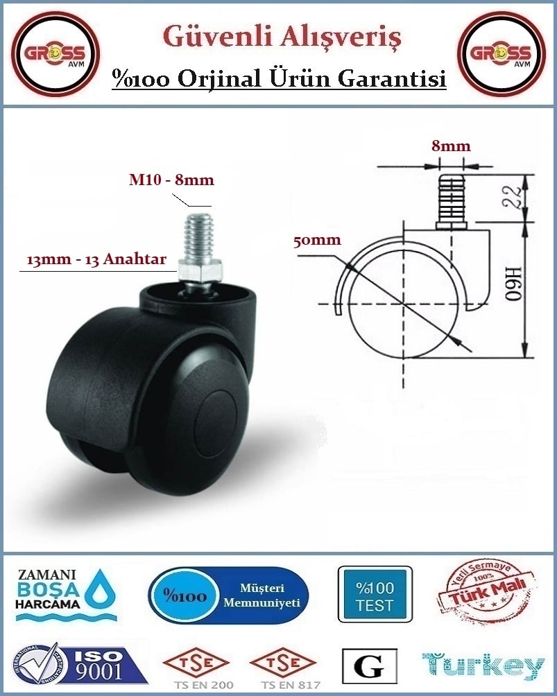 Ofis Koltuk Mobilya Tekerleği - M10 Civatalı Tekerlek - 1 Adet