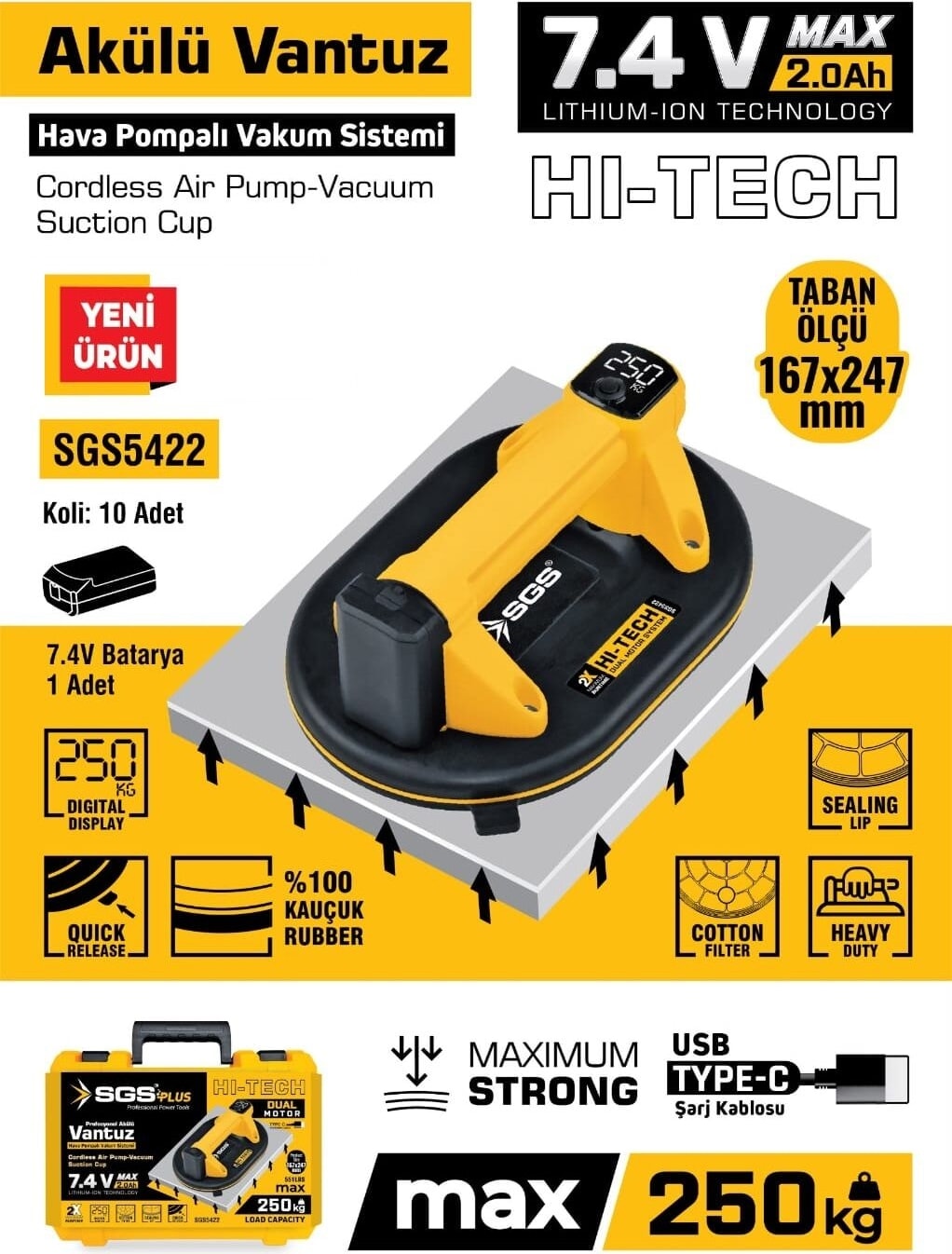 SGS5422 - 250 kg Akülü Vakumlu Seramik Ahşap Cam Taşıma Vantuzu 7.4 Volt 2 Amper
