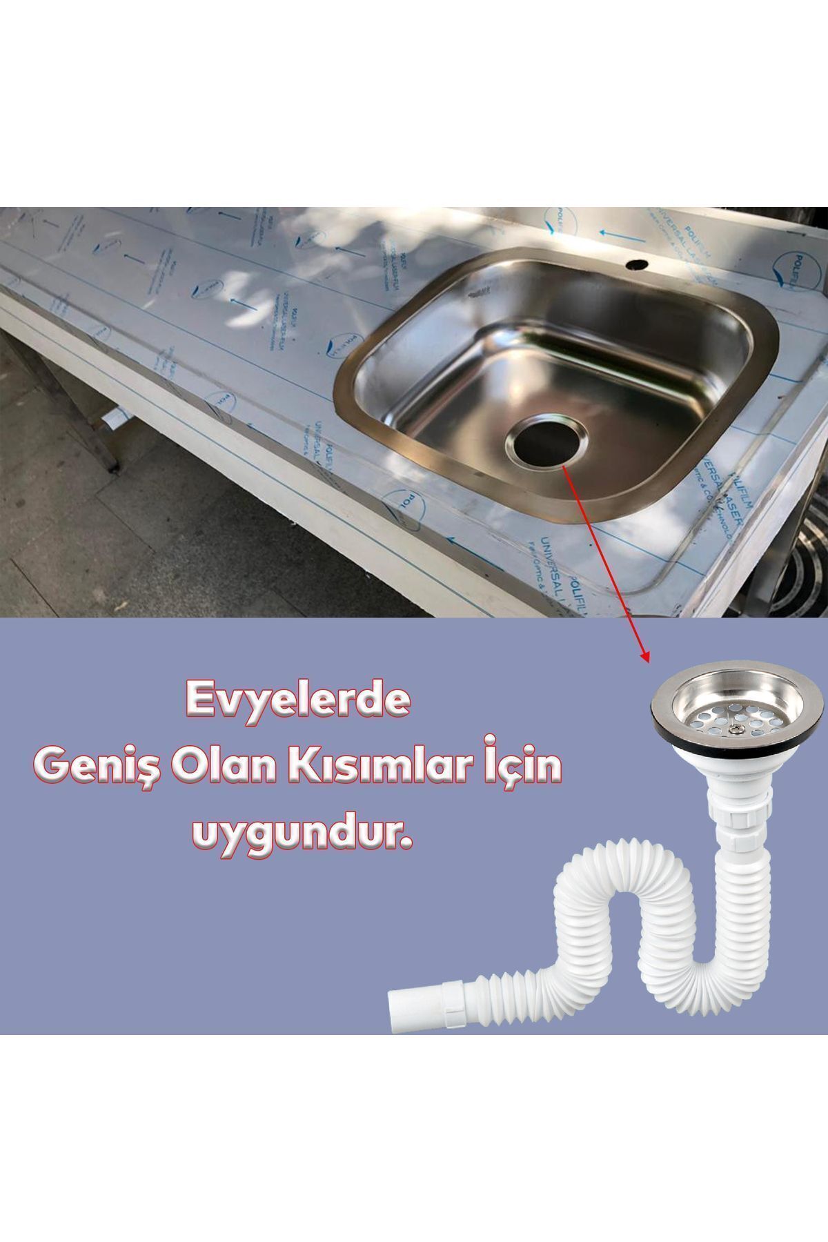 Süzgeçli Geniş Kafalı Körüklü Işyeri Evye Lavabo Sifonu Pis Su Gideri Borusu Plastik 15-35 Cm