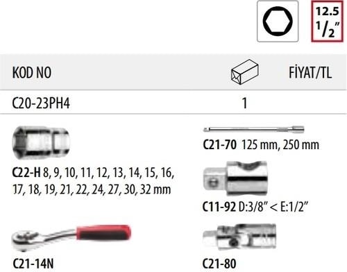 C20-23PH4 1/2'' 6 Köşe Lokma Takımı 23 Parça