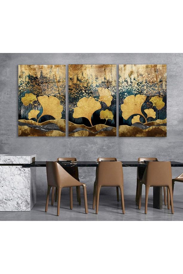 3 PARÇA GOLD ALTIN YAPRAKLAR SET TABLO KIRILMAZ CAM TABLO EV HEDİYESİ İŞ YERİ HEDİYESİ