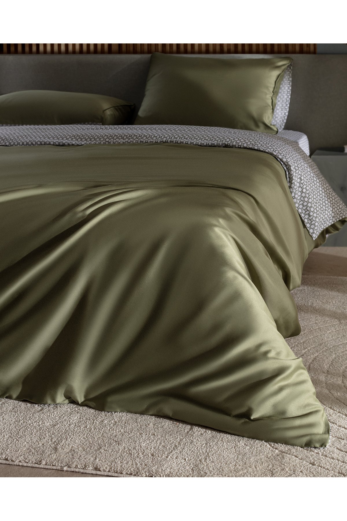 Dennie King Size %100 Pamuk Baskılı Saten Nevresim Takımı - Haki