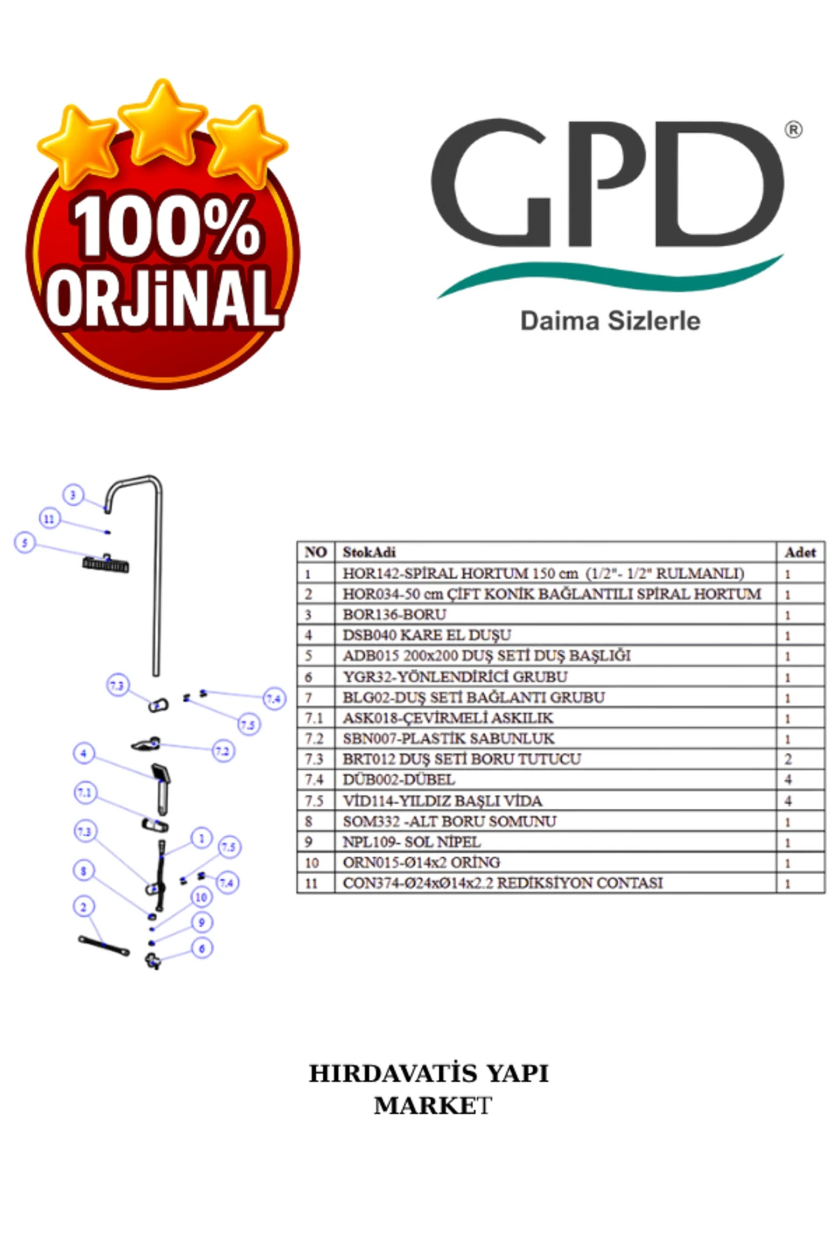 DST19-3 Yönlendiricili Duş Seti (Tek Fonksiyonlu El Duşu + 200X200)