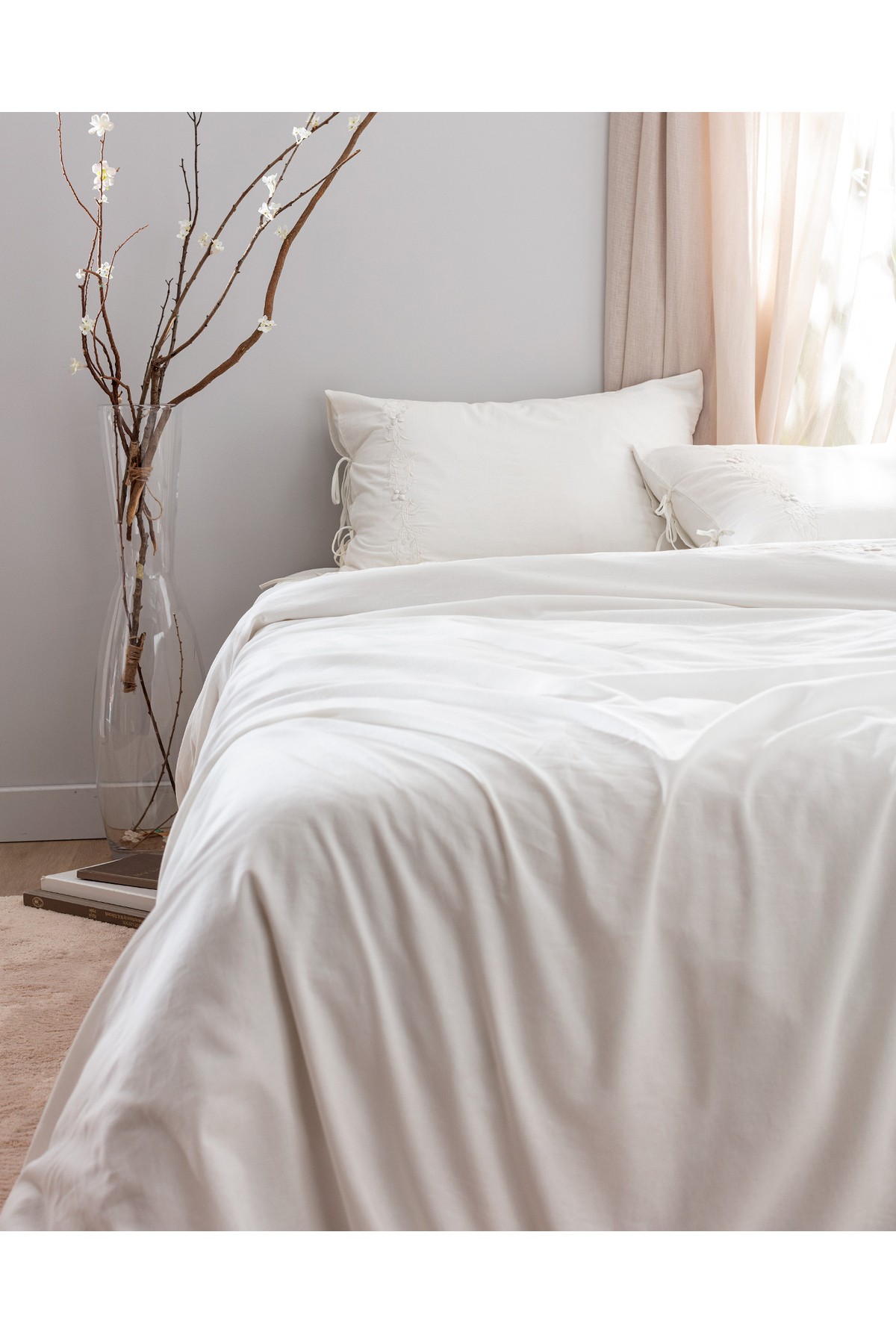 King Size %100 Pamuk Nakışlı Nevresim Takımı - Ekru