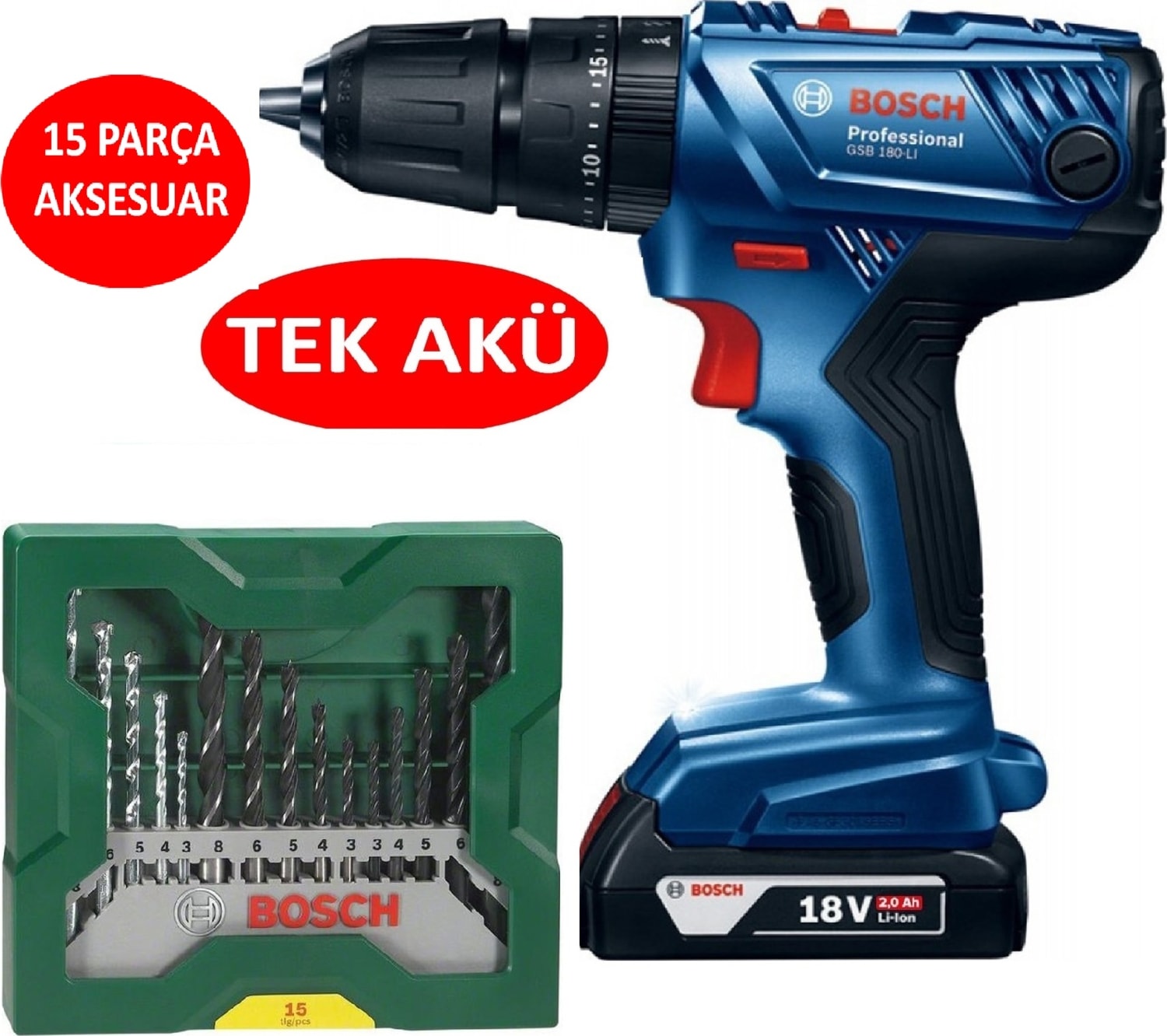 BOSCH Tek Akülü Darbeli Matkap 18V Akülü Vidalama Şarjlı Matkap +  15 Matkap Ucu Seti