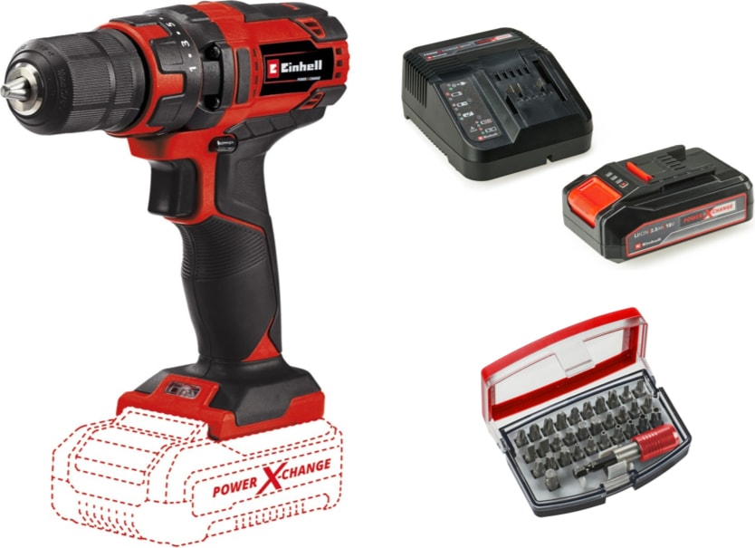EİNHELL Tc-Cd 18/35 Li Solo Akülü Vidalama Seti + 1 x 2.5 Ah Starter Kit ve 32 Parça Bits Uç