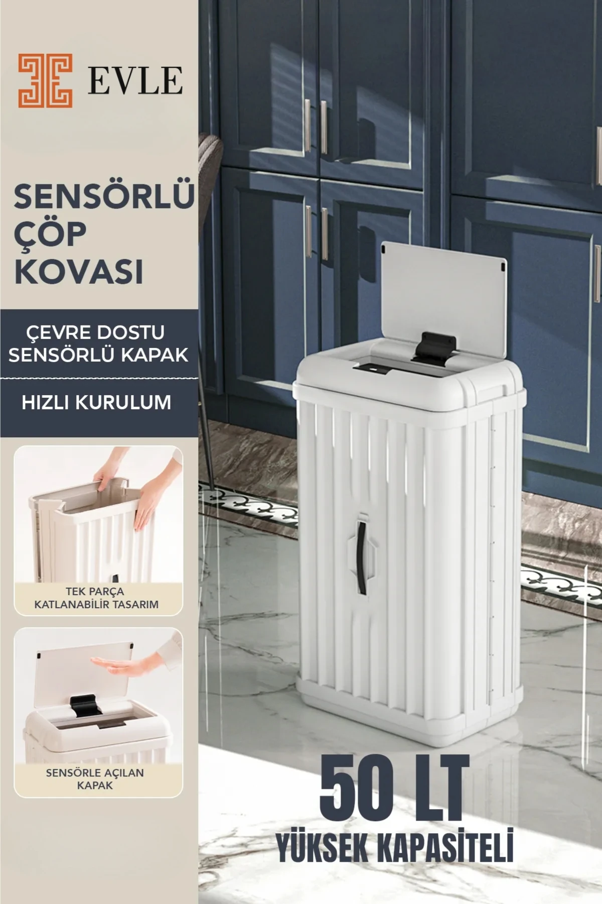 Sensörlü Dekoratif Katlanabilir Plastik Çöp Kovası, 50 lt