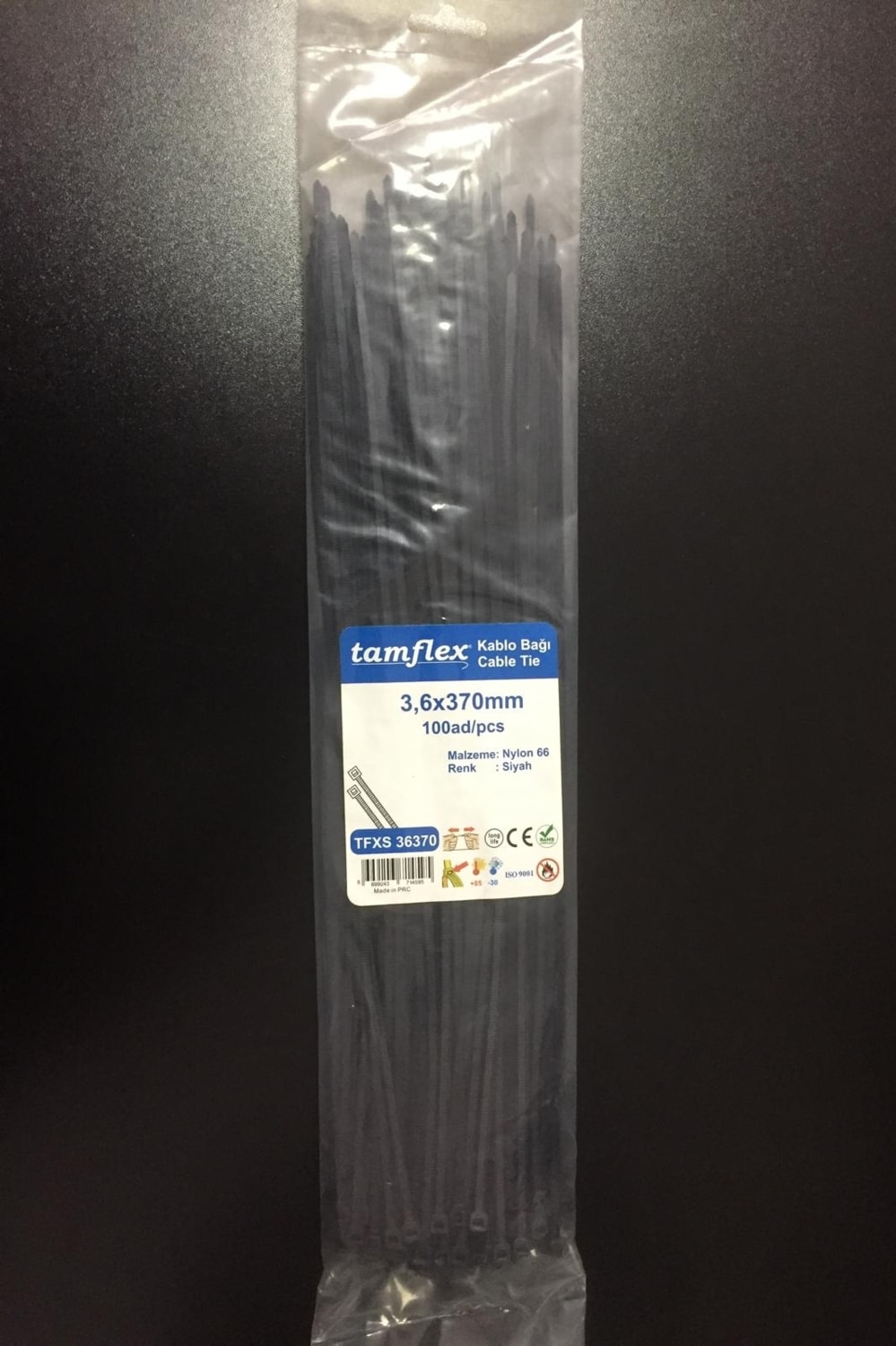 3.6 x 370 mm (37 cm) Siyah Renk Kablo Bağı Cırt Kelepçe