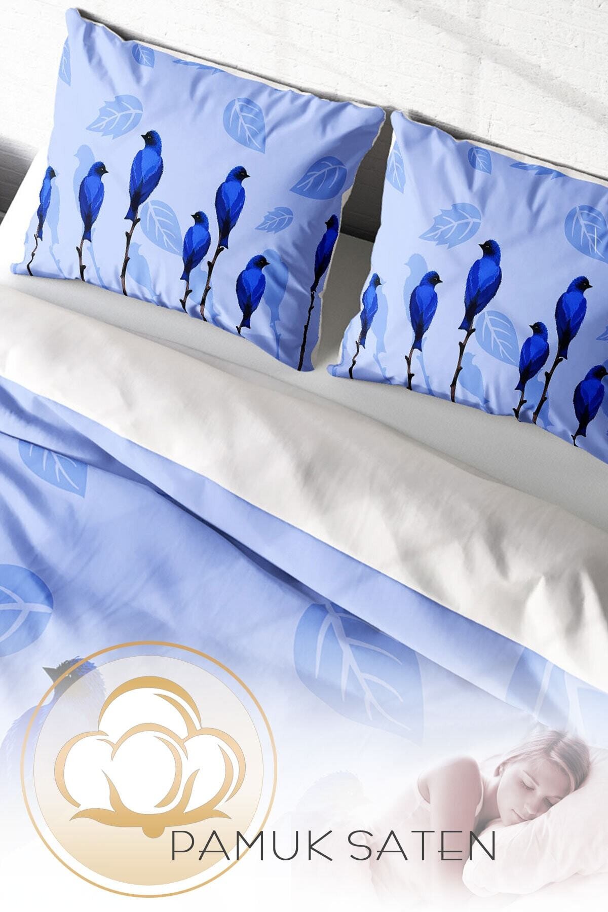 Kıng Sıze Blue Birds Naturel Çift Kişilik Nevresim Takımı 220x240cm