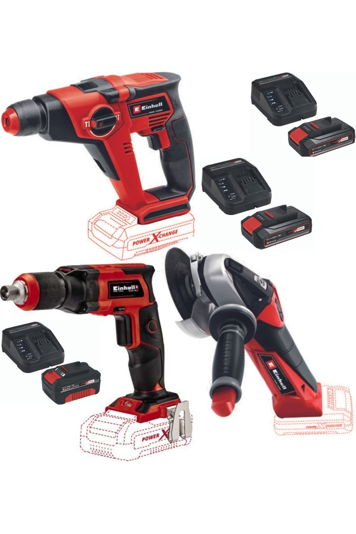 EİNHELL Te-hd 18/12 Matkap Te-ag 18/115 Avuç Taşlama Te-dy 18 Alçıpan Vidalama 2x2.5ah+4.0 Akülü Set