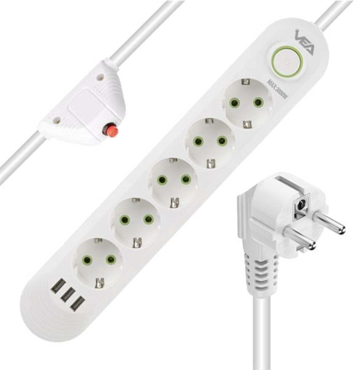 M3LFS-  VA-21562 5'li 1.5 mt Kablolu 3 Usb'li Beyaz Akım Korumalı Priz
