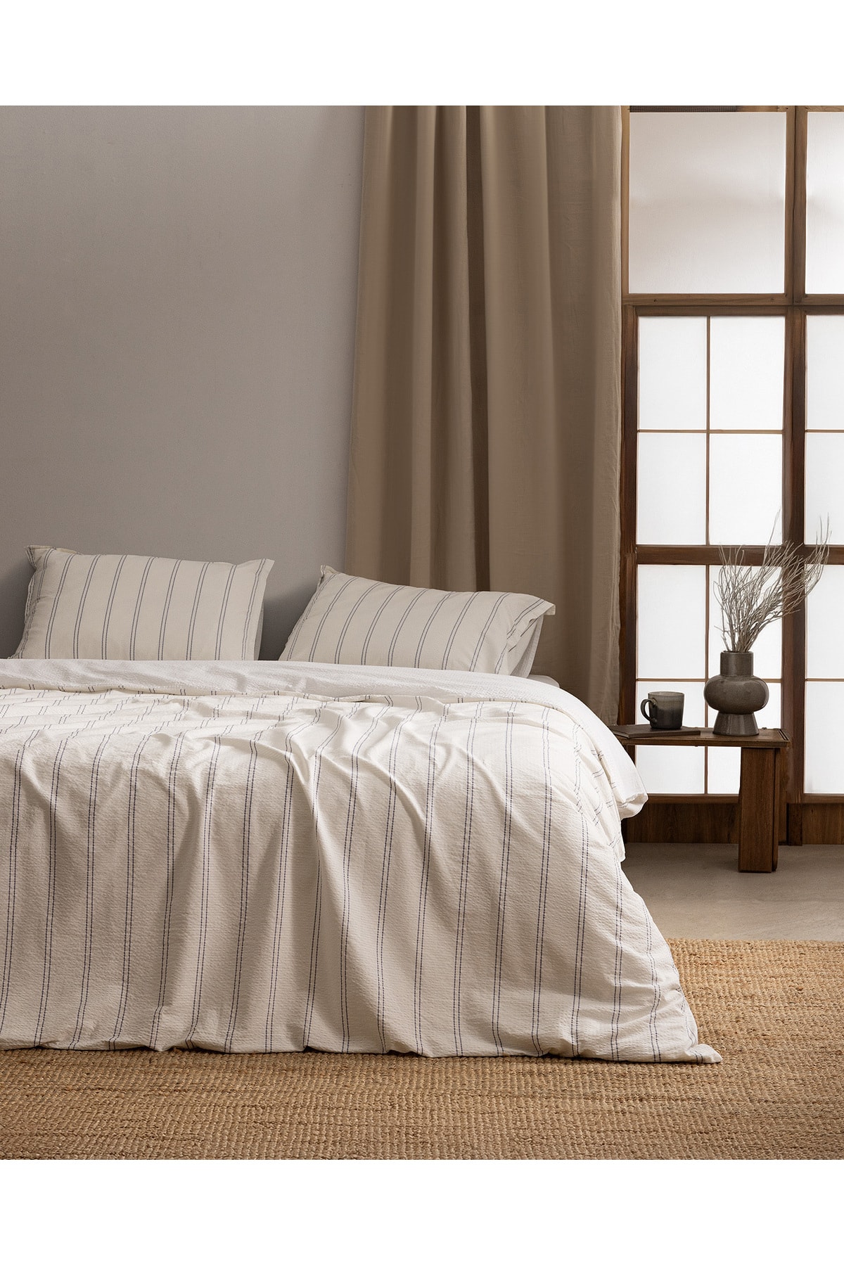Linda Çizgili King Size %100 Pamuk Yıkamalı Gofre Nevresim Takımı - Beyaz/İndigo