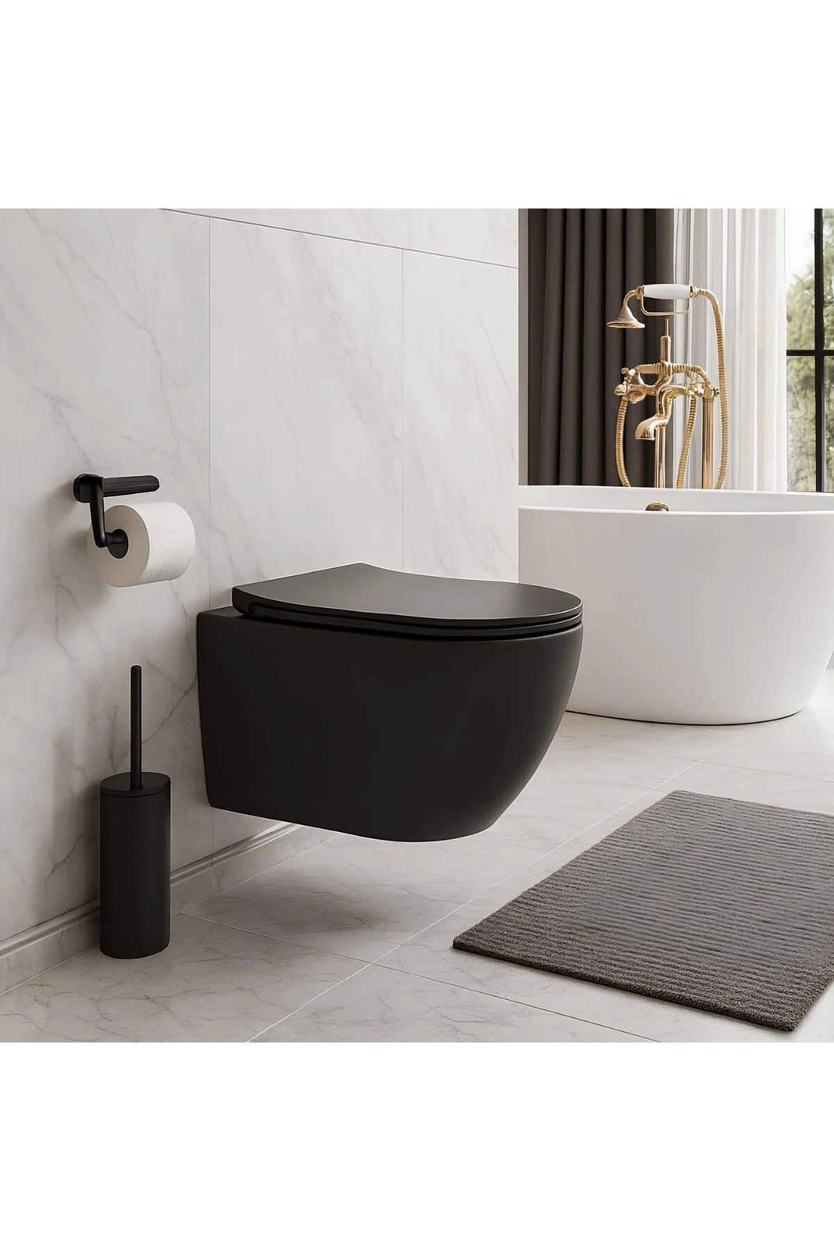 Rondo Mat Siyah Kanalsız Asma Klozet RND5512B, Rondo Duroplast Yavaş Kapak