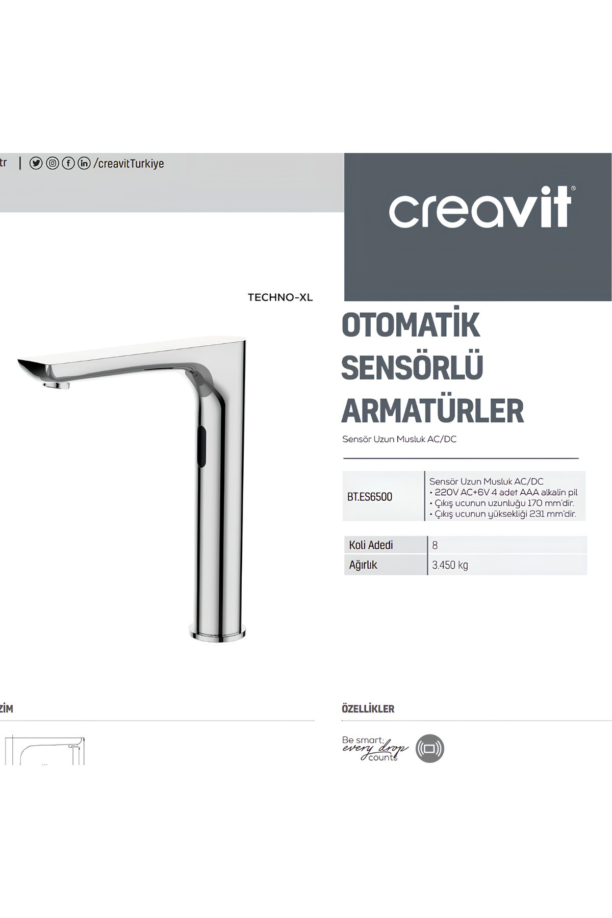 Fotoselli Uzun Lavabo Bataryası Tek Su Girişli ES6500