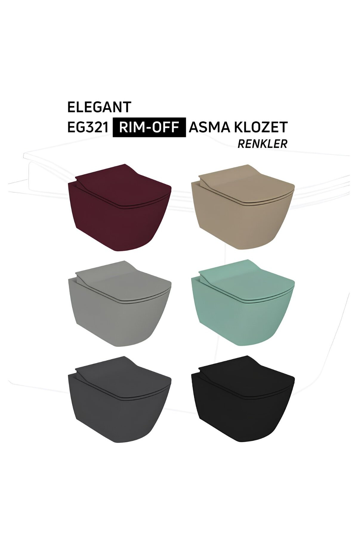 Elegant Kömür Karası Kanalsız Asma Klozet EG321, Elegant Duroplast Yavaş Kapak