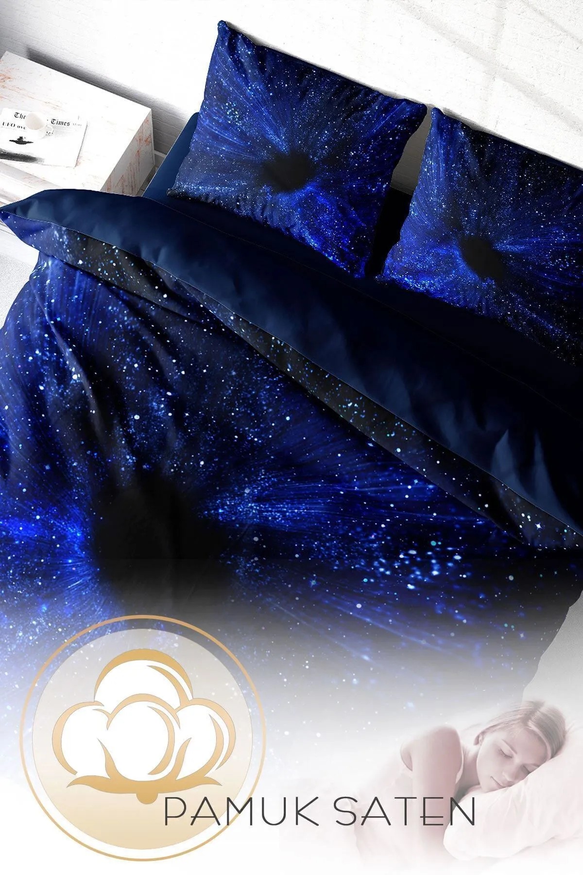 Nevresim Takımı %100 Doğal Pamuk Çift Kişilik 3d Digital Blue Night