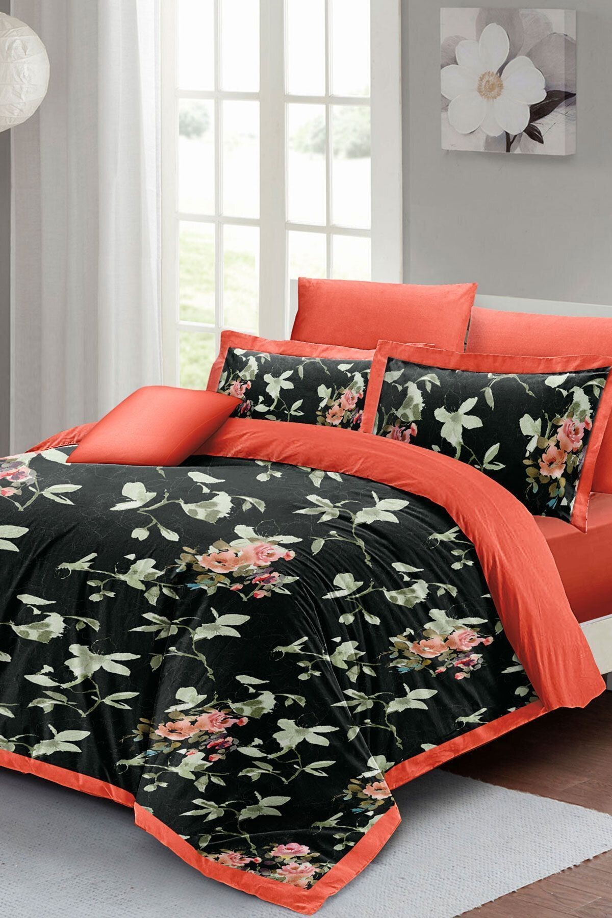 Lastikli Çarşaflı %100 Pamuk Saten Çift Kişilik Nevresim Takımı Black Somon Flower