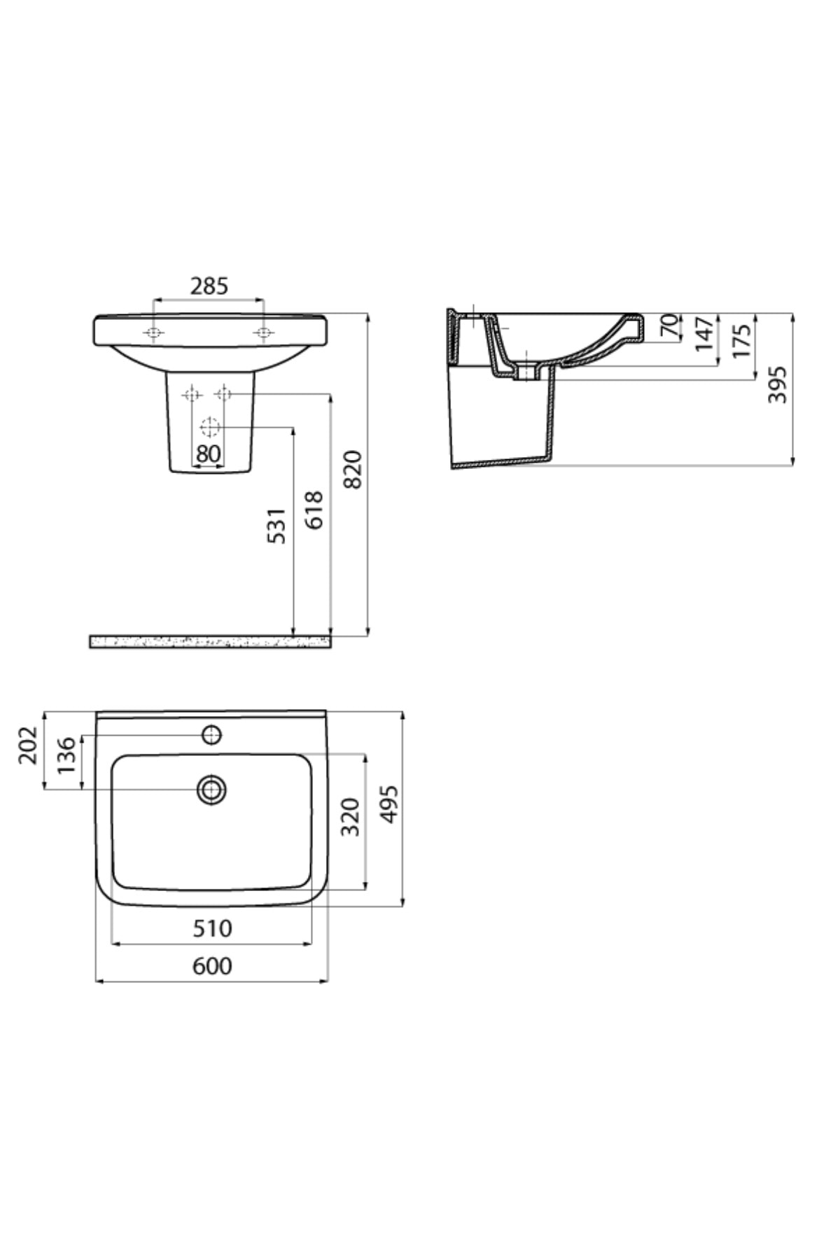 Lr060 Lara Yarım Ayaklı Lavabo 60 Cm