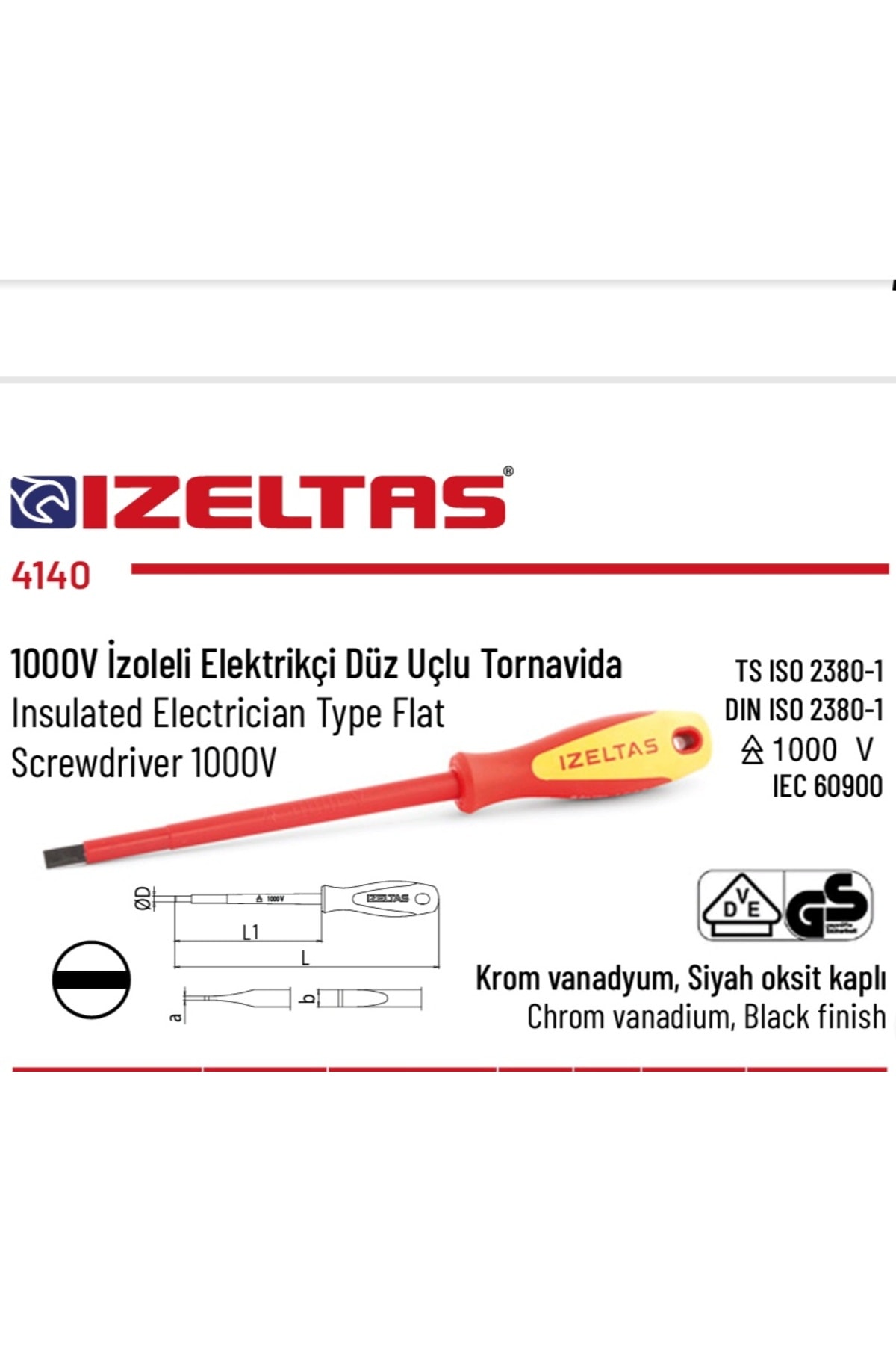 İZELTAŞ 1000V İzoleli Düz Uçlu Tornavida 4*100