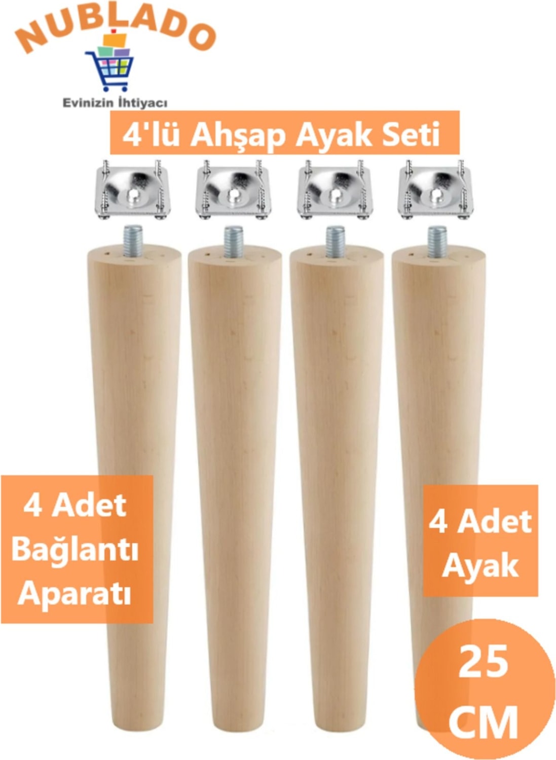 Ahşap (25 Cm) Sehpa Puf Tabure Tv Ünitesi Ayağı Ayakları M8 Civatalı Bağlantı Aparatlı 4'lü Set