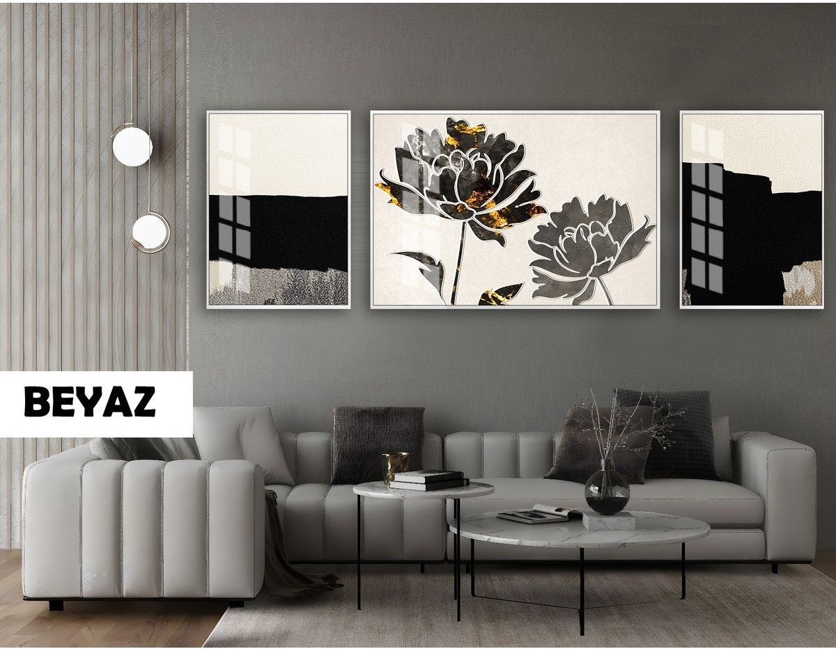 |(Abstract) Gardenya Çiçek Modeli|çerçeveli Temperli Cam Tablo 3lü Yatay