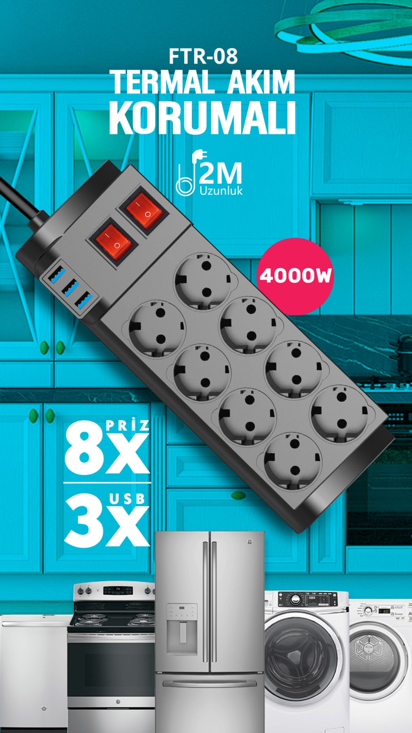 Airstorr Fulltech Ftr-08 8'li Termal Akım Korumalı Priz Fet1