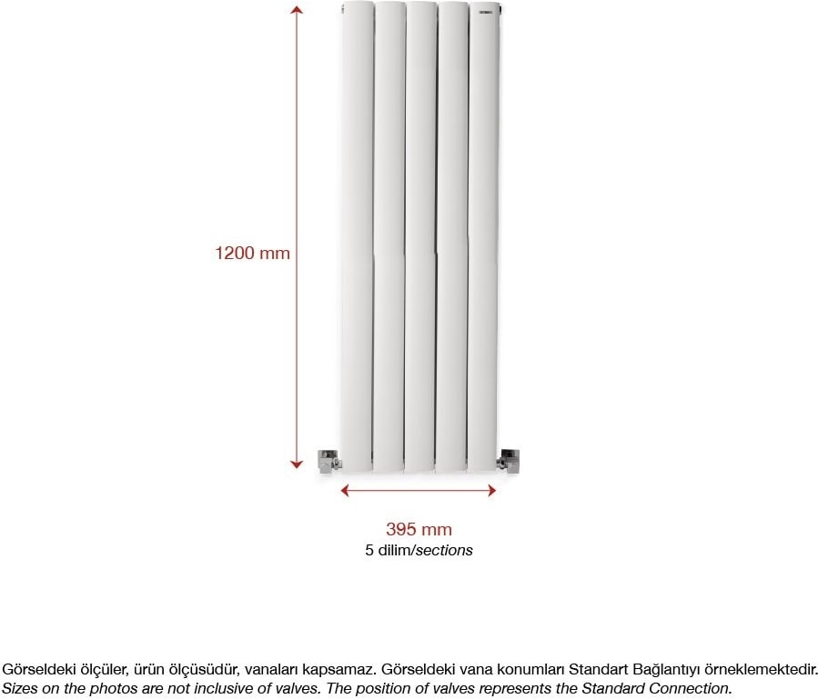 1200 x 395 mm Lilac Dikey Beyaz Alüminyum Radyatör Standart Bağlantı