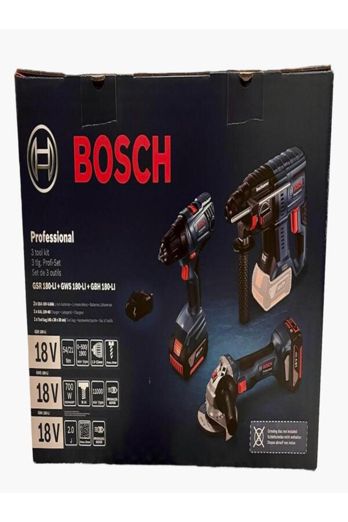 BOSCH Gsr18v-50şarjlı Vidalama Gws180şarjlı Taşlama Gbh180 Şarjlı Kırıcıdelici 2x4ah Akü1xdolm Cihaz