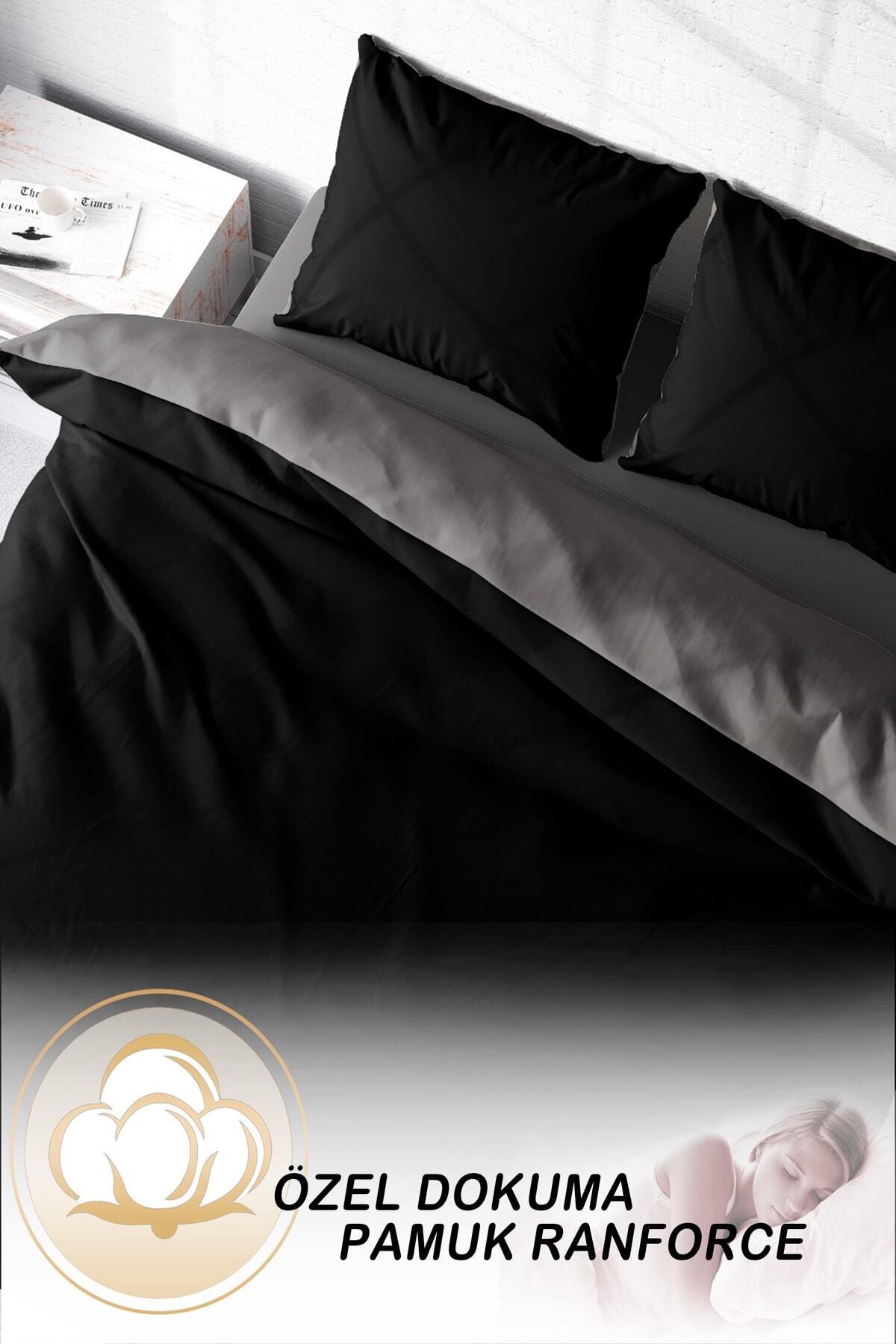 Kıng Sıze Deluxe Çift Taraflı Pamuk Ranforce Çift Kişilik Nevresim Takımı Siyah Gri 220x240cm