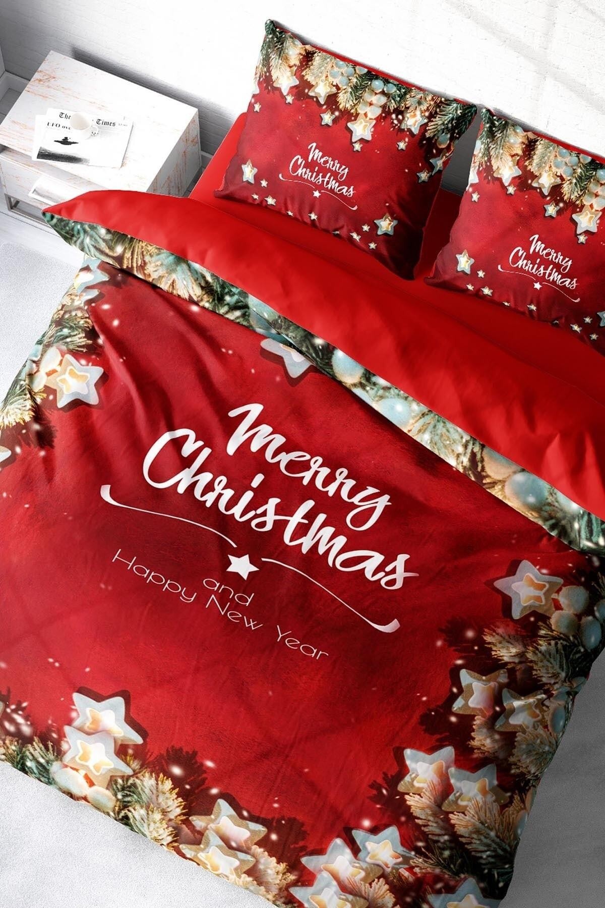 KING SIZE Yılbaşı Süsü Merry Christmas Çift Kişilik 3D Nevresim Takımı Pamuk Saten Red Stars