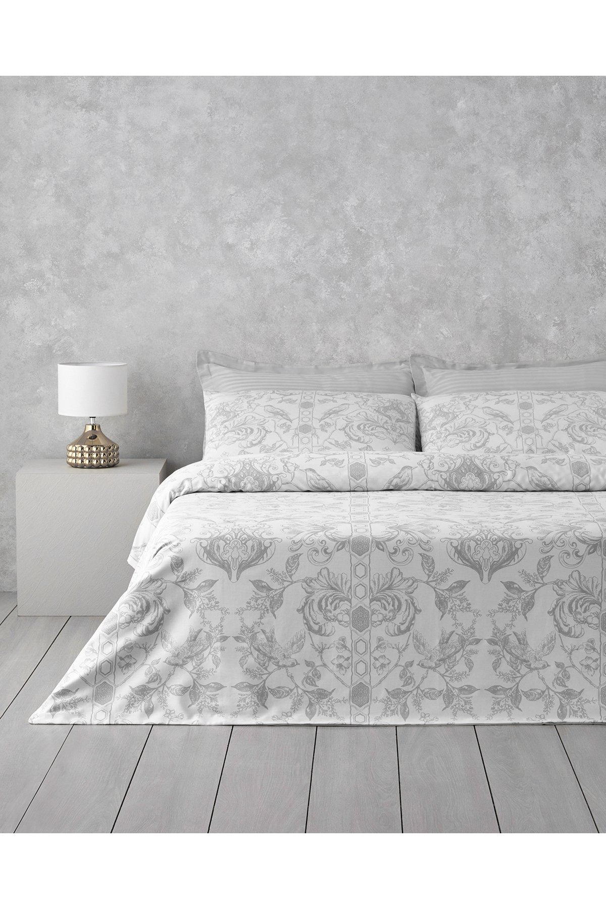 Dainty Bird Pamuk Saten Çift Kişilik Nevresim Takımı 200x220 cm Gümüş