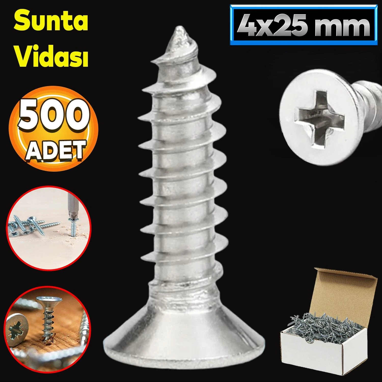 Sunta Vidası 4X25 Paket 500 Adet Sivri Uçlu Ahşap Tahta Ağaç Mobilya ...