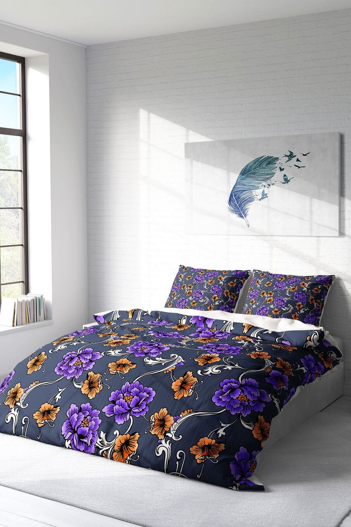 Kıng Sıze Purple Floral Naturel Çift Kişilik Nevresim Takımı 220x240cm
