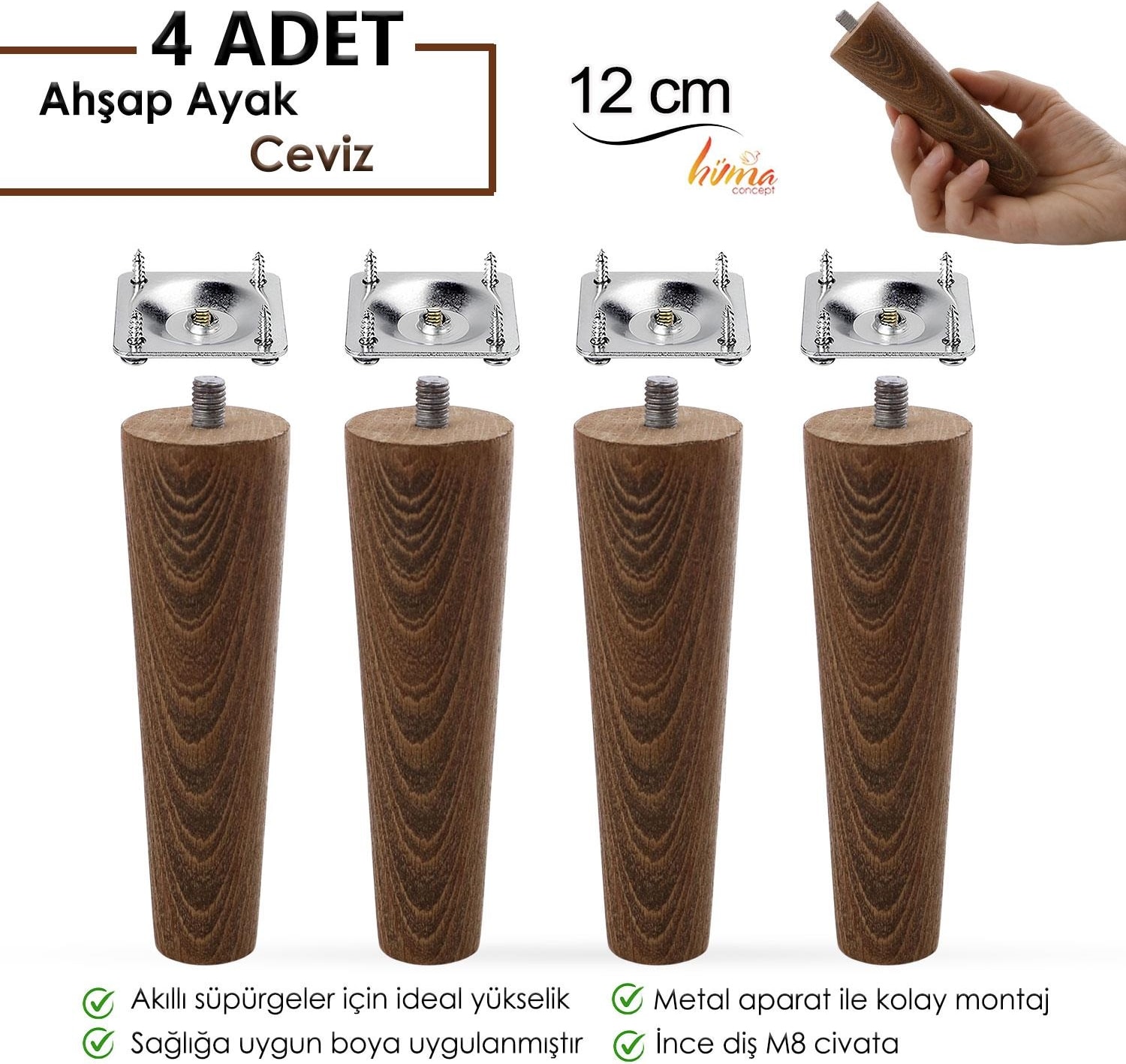 4 Adet Ahşap Ayak 12 cm Ceviz M8 Civatalı Bağlantı Aparatlı Dolap Mobilya Koltuk Kanepe Destek Ayağı Ayakları