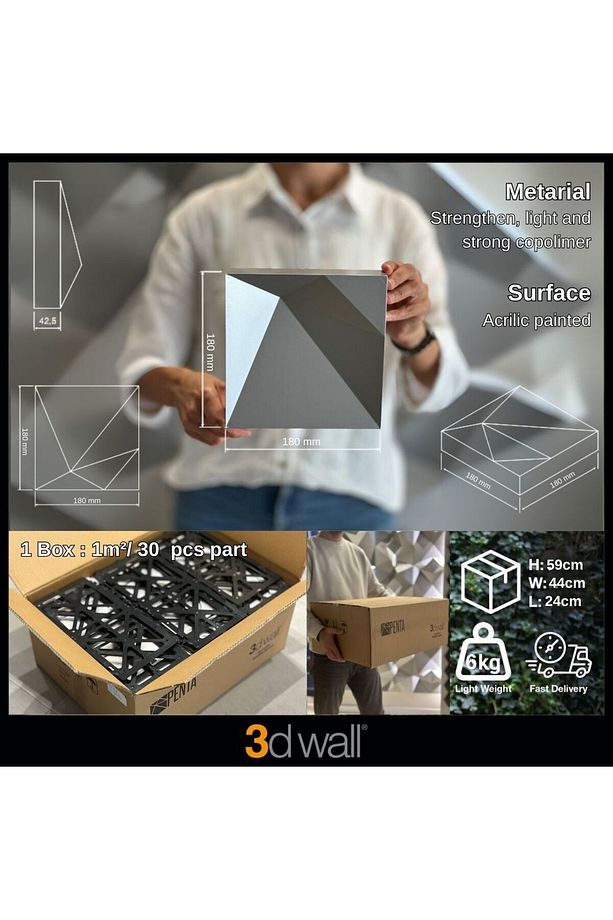 Penta 3 Boyutlu Dekoratif Duvar Paneli (1M2) (-SİYAH-)