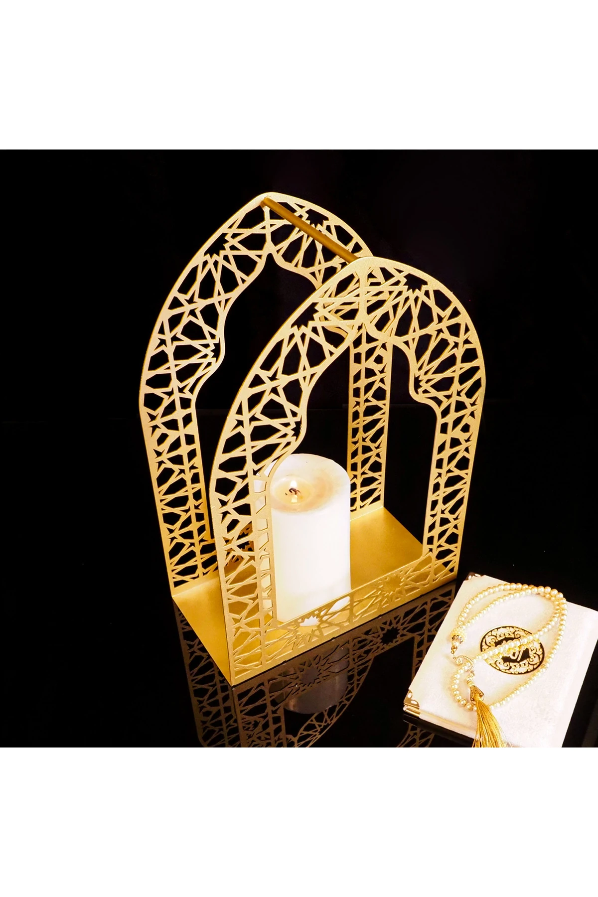 İslami Motifli 2'li Metal Ramazan Mumluk Seti - Ramazan Süsleri - Olive Gold - Wamh168