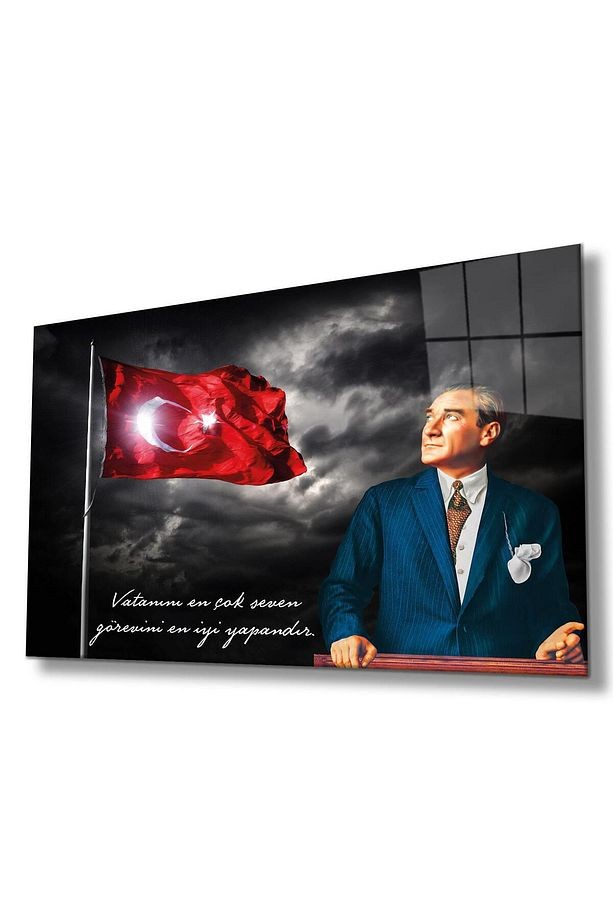 Türk Bayrağı ve Atatürk Cam Tablo Vatanını En Çok Seven Modern Ev Ofis Salon Kurum Hediyelik Tablo