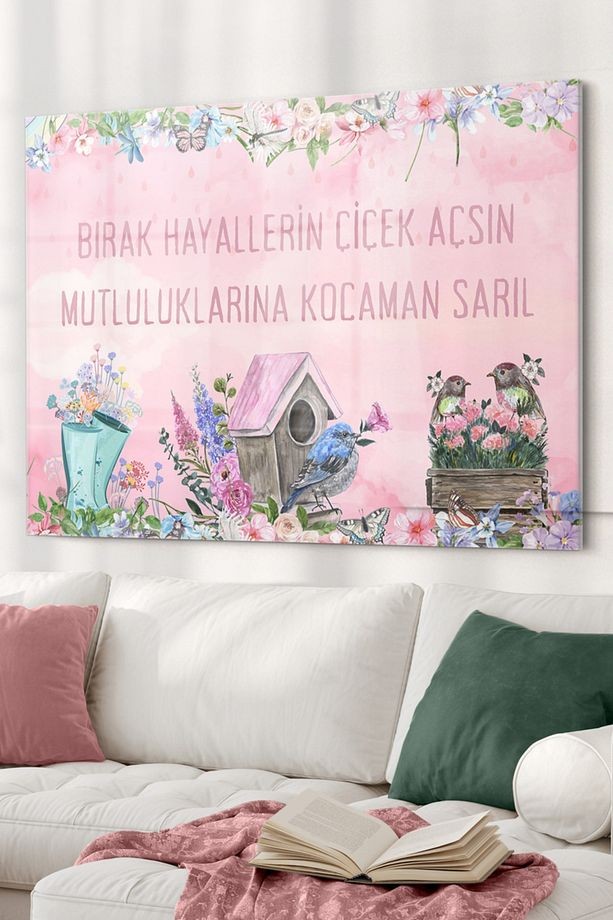 Motto Söz Mutluluk Hayaller | Kelimeler Temalı Cam Tablo | 50x70 Cm