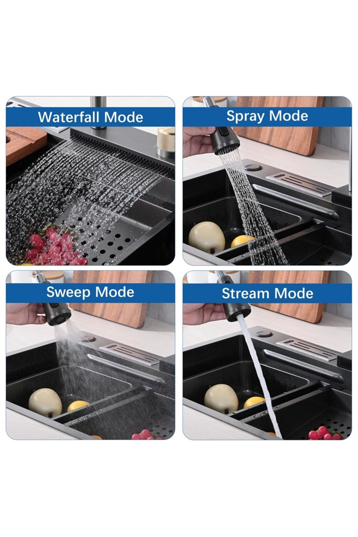 Teknolojik Mutfak Eviyesi Piyano Tuşlu Dijital Göstergeli 304 Krom Gövde Metalik Renk Full