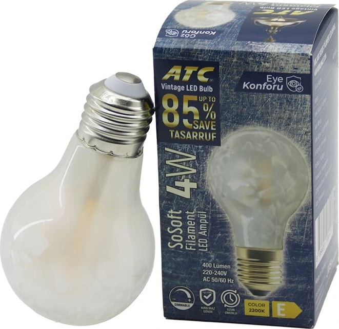 ATC-A60-SS Vintage Sosoft Filament 4W LED Ampul Lamba E27 Kırılmaz Plastik Cam 400 Lümen 2200K 25.000 Saat (5047)