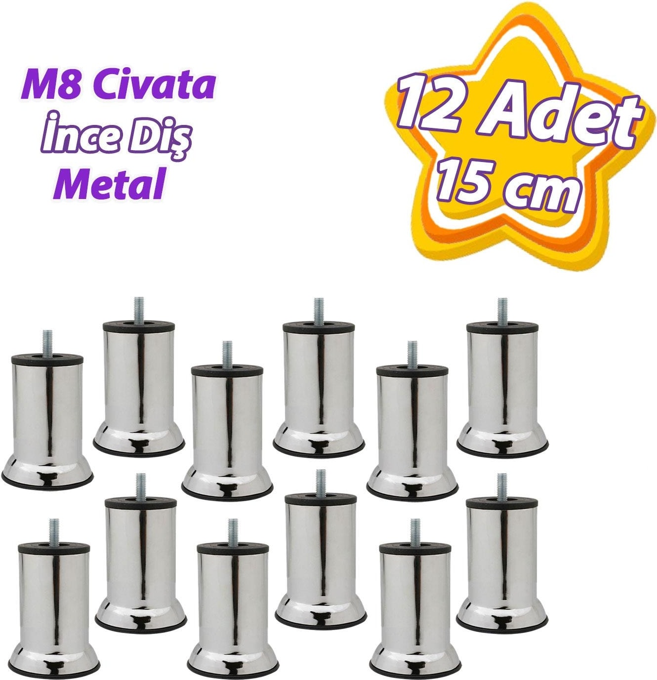 12 Adet Metal Destek Ayağı 15 cm Krom Mobilya Kanepe Baza Koltuk Ünite Ayakları Metrik 8 Civatalı Ince Diş