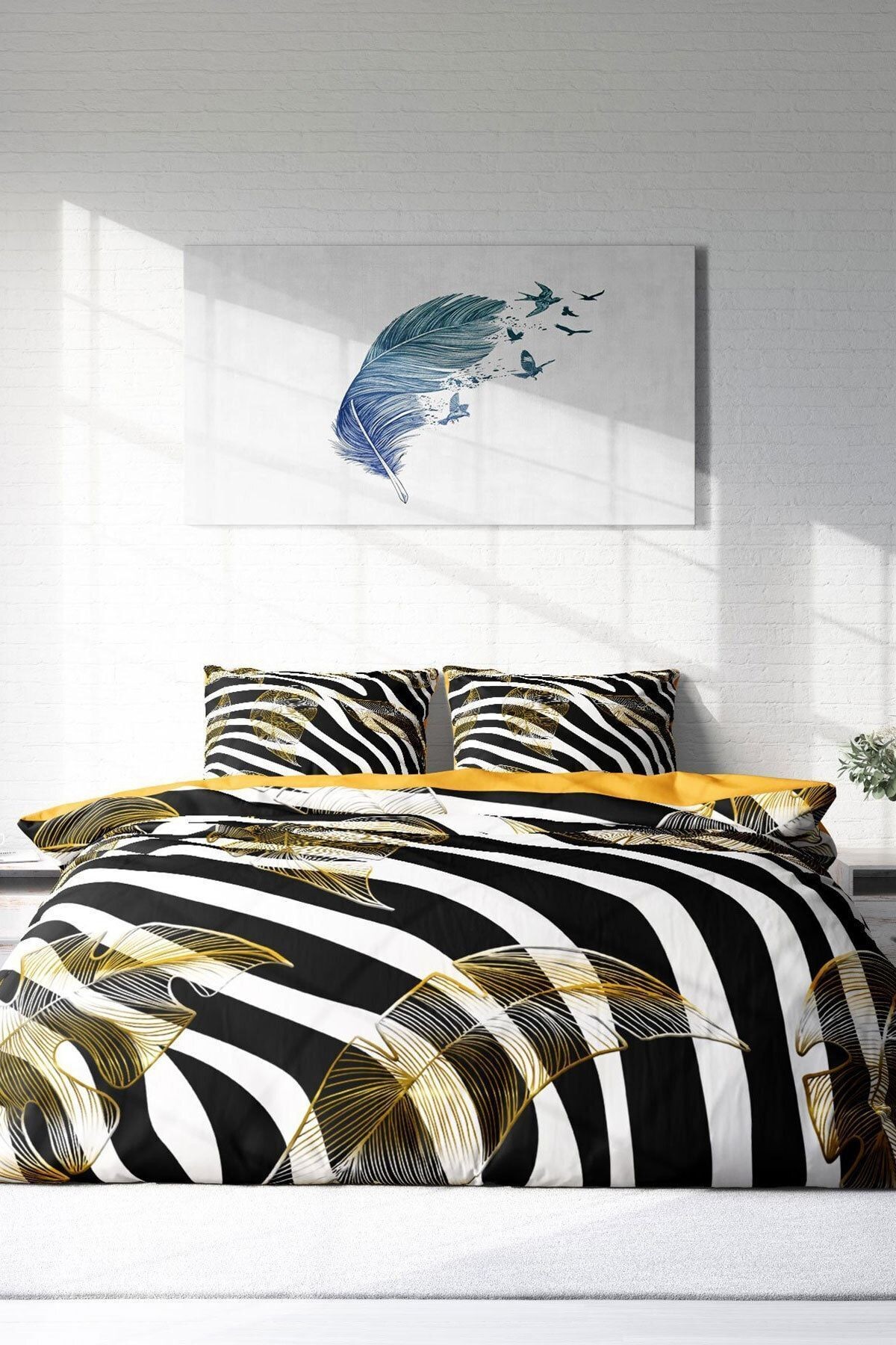 Kıng Sıze Çift Kişilik Nevresim Takımı Pamuk Saten 3d Özel Tasarım Zebra Feather 220x240cm