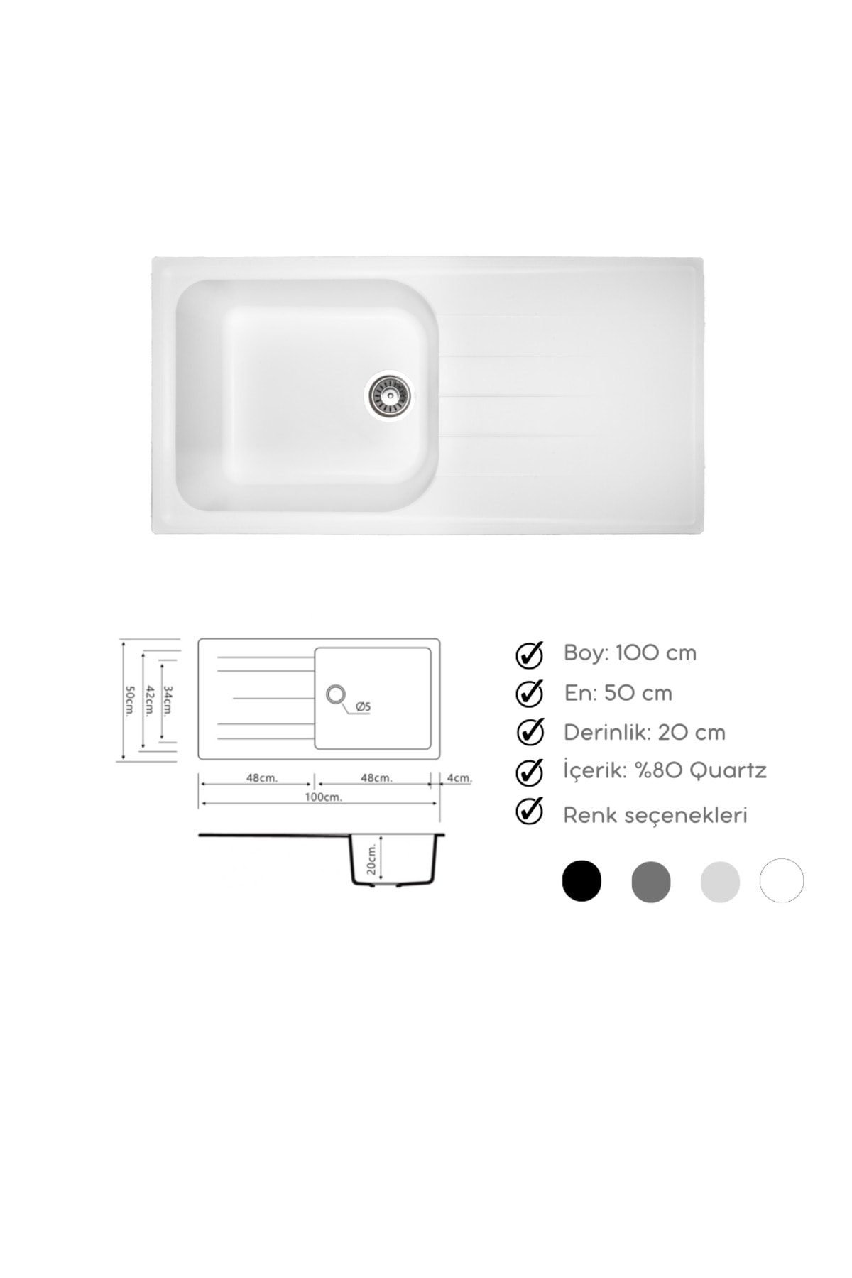 Granit Evye Beyaz Tek Gözlü Mutfak Evyesi 100 X 50 Cm