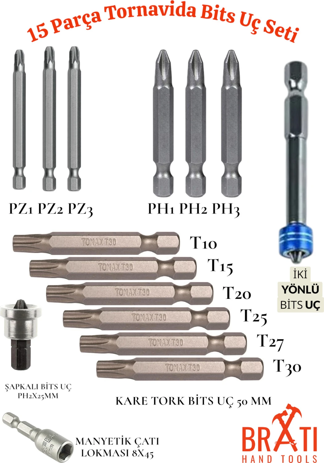 15 Parça Tornavida Bits Uç Seti (50MM Ph1-Ph2-Ph3 50MM Pz1-Pz2-Pz3 50MM T10-T15-T20-T25-T27-T30)