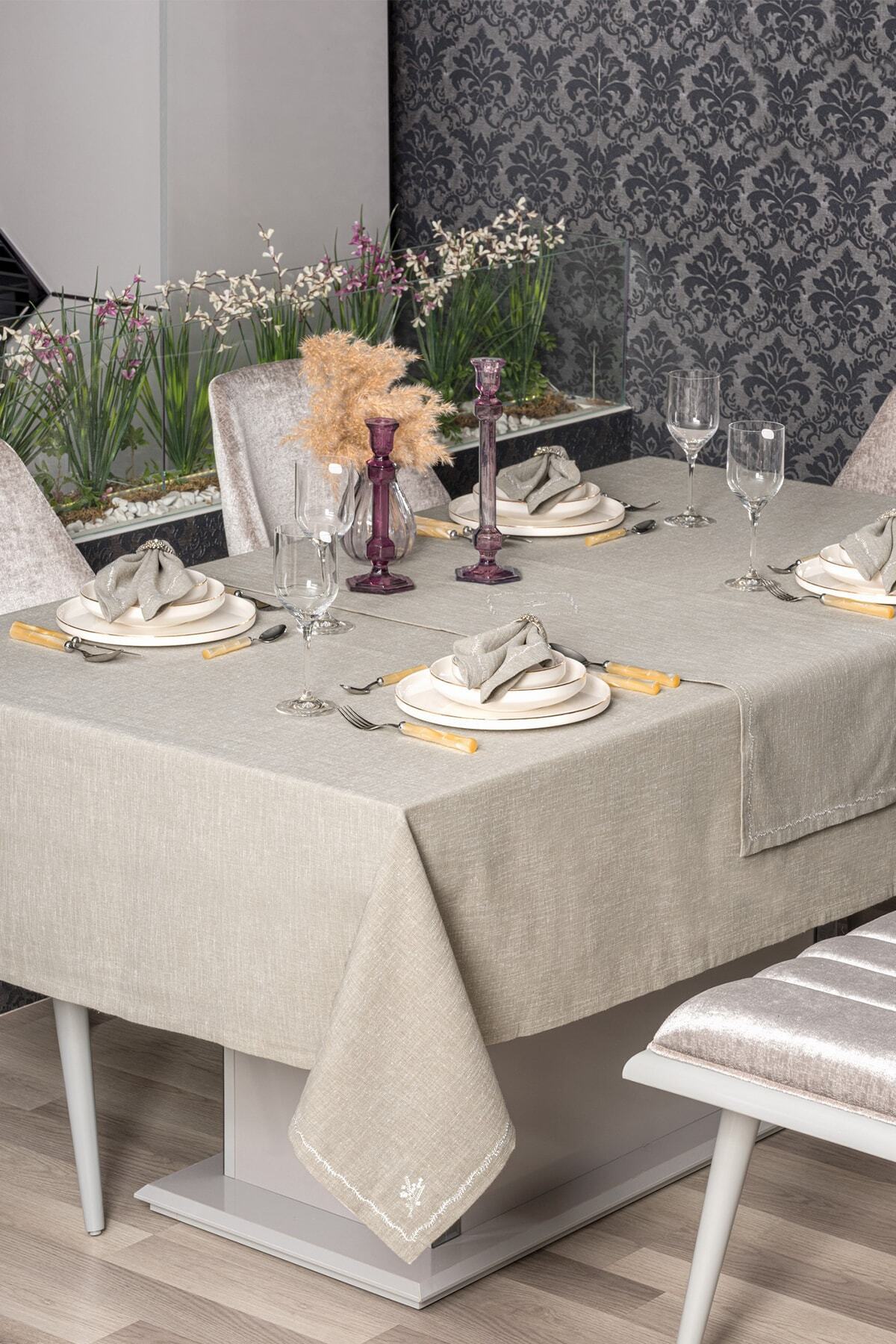 Keten Masa Örtüsü Takımı Pera Toprak 175x240