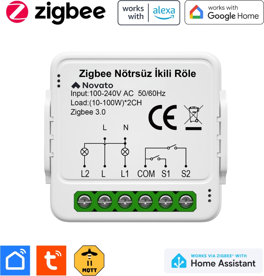 Zigbee Çift Çıkışlı Nötrsüz Akıllı Röle ( Tuya - Smart Life Uyumlu )